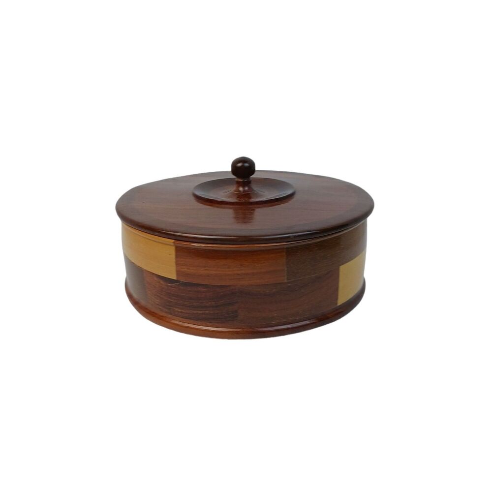 Wooden Box Hand Turned Marquetry Inlaid Various Woods Round Jewelry Storage